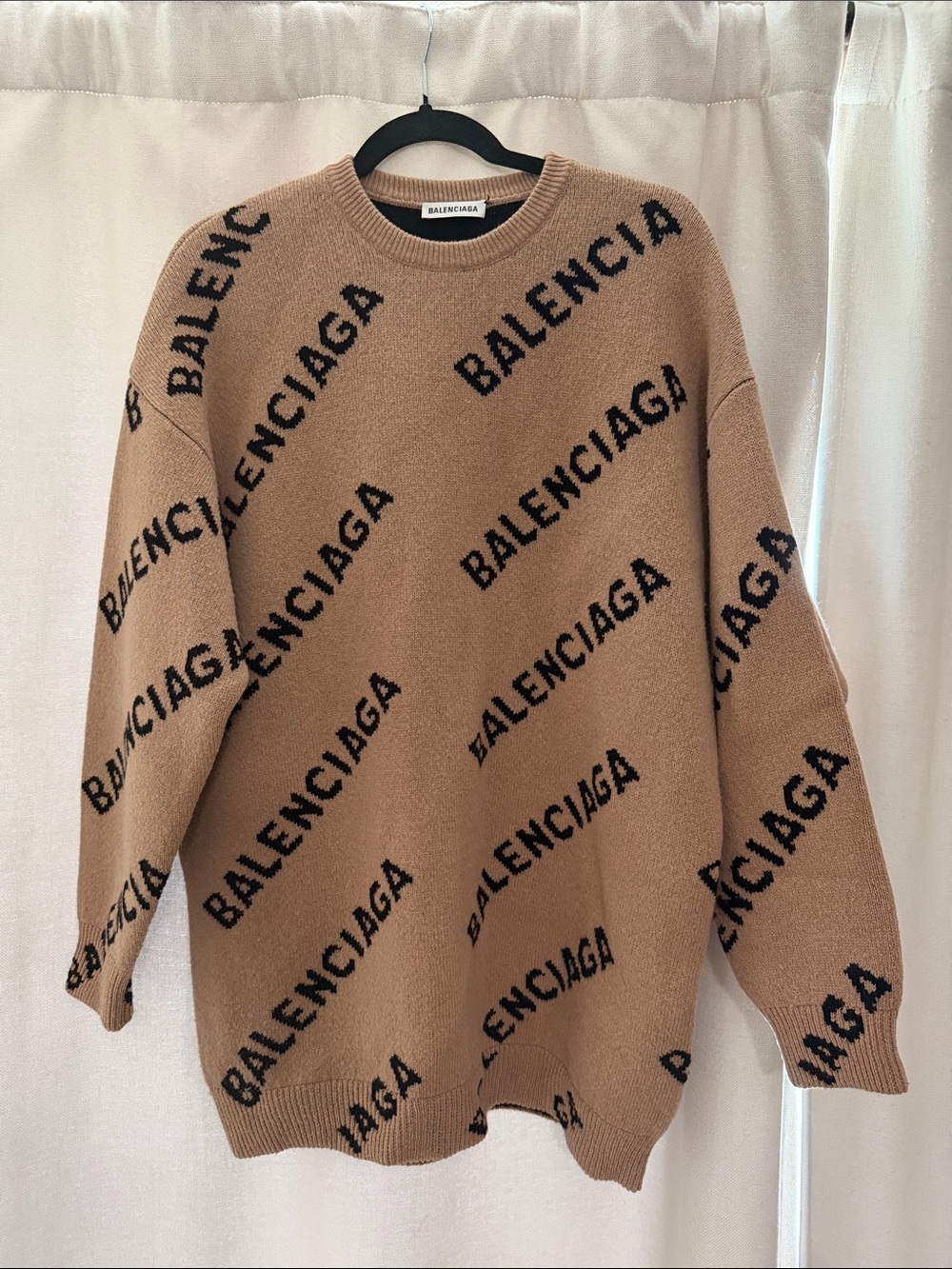 Balenciaga Camel Crewneck Logo-Repeat Sweater